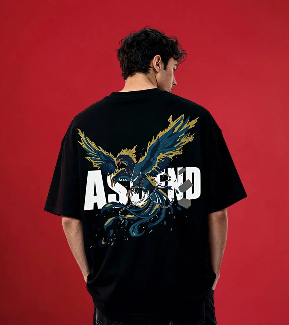 Men oversized black shirt ascend high definition back side