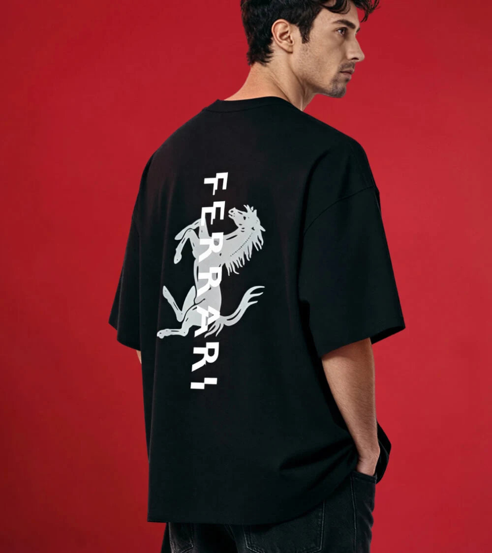 men oversized black t-shirt Ferrari side view