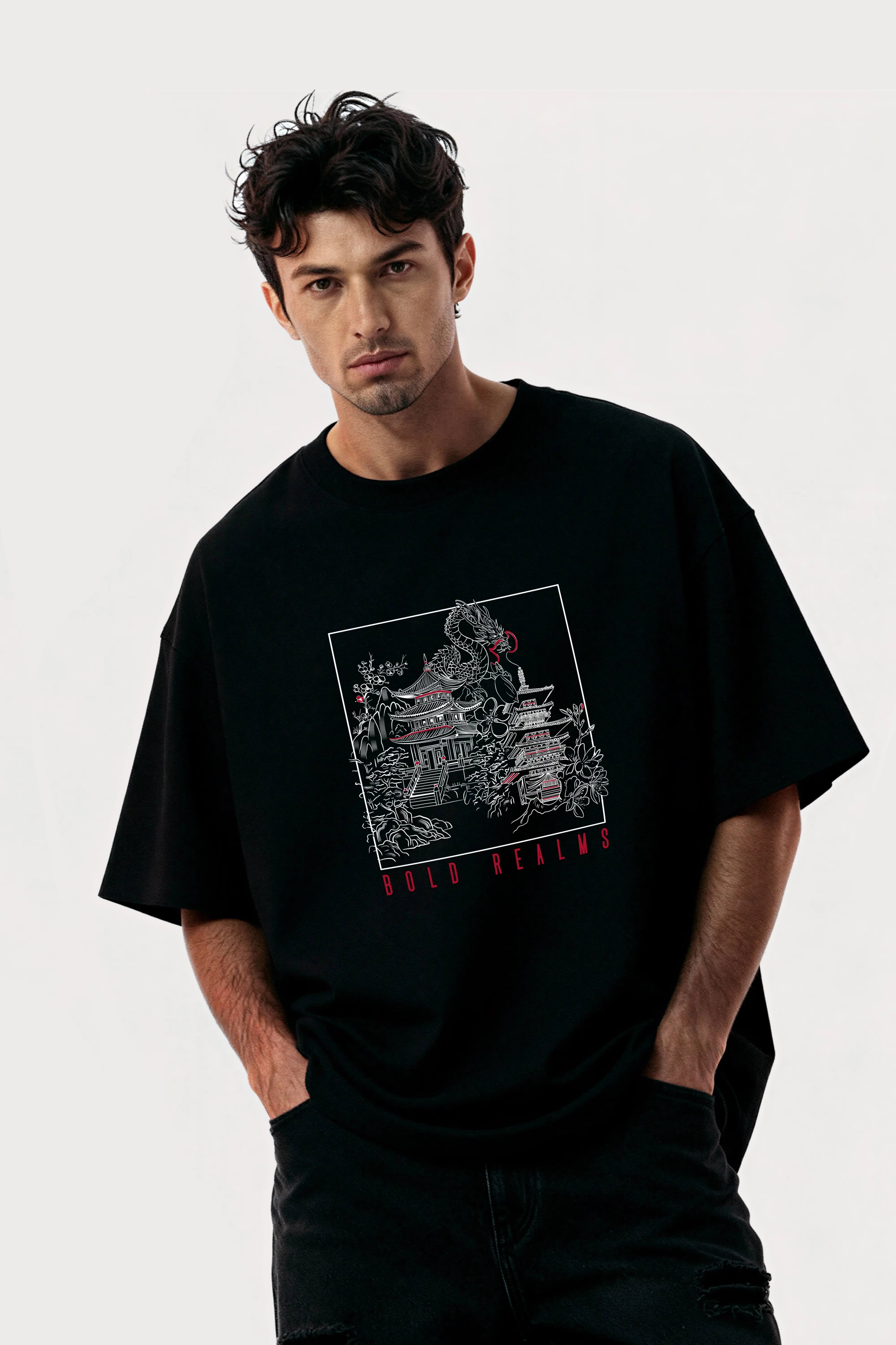 Men-oversized-black-tshirt-bold-realms-logo