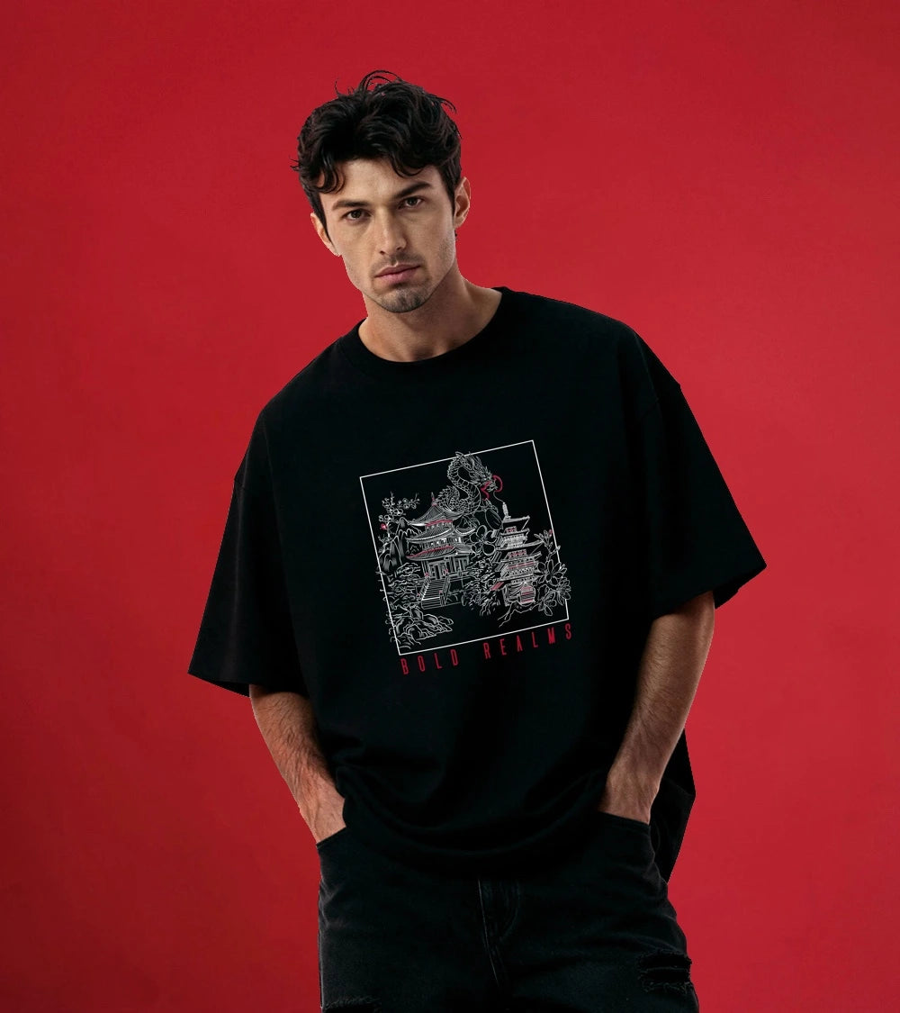 Men oversized black t-shirt bold realms front view