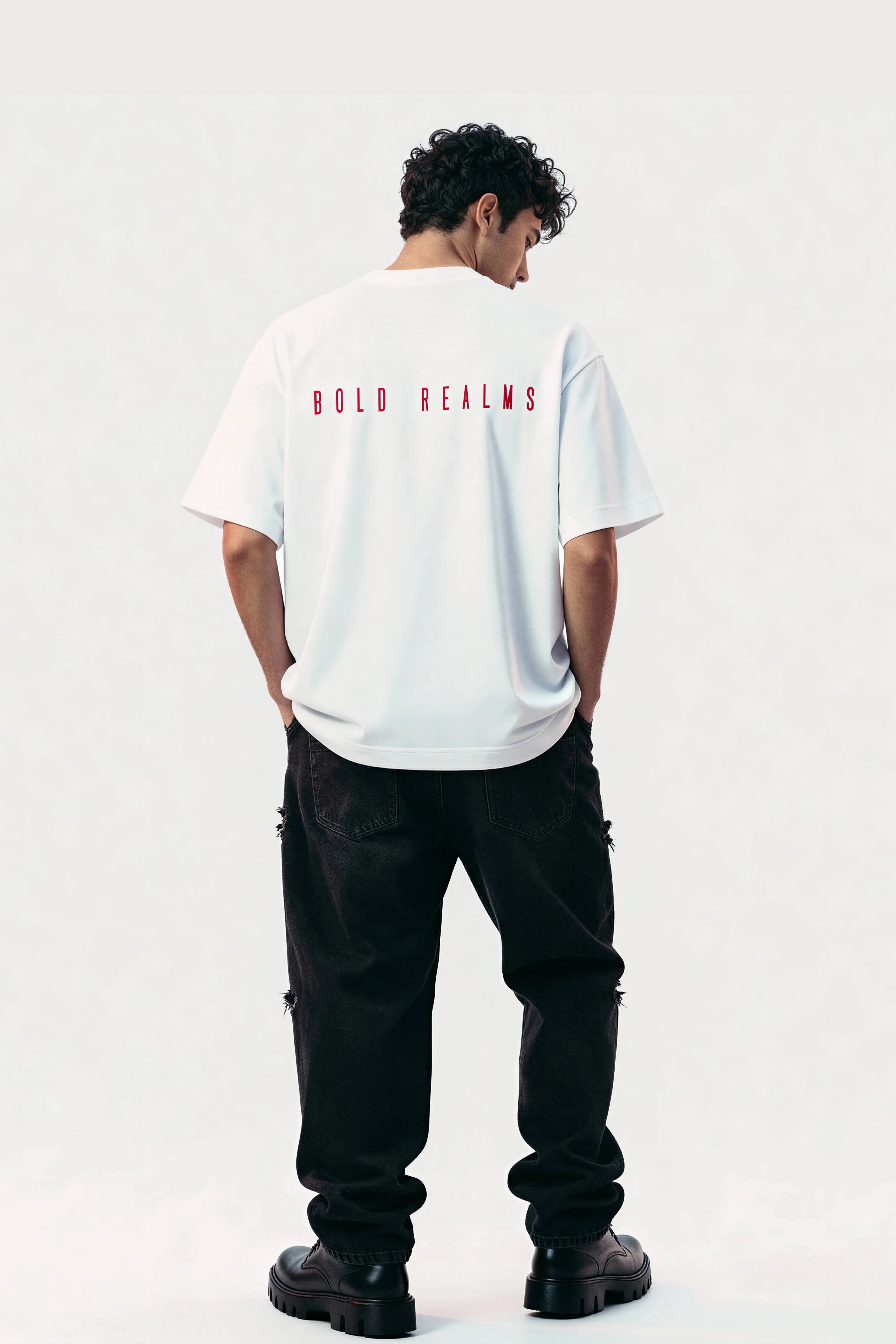 Men oversized white shirt bold realms folded
