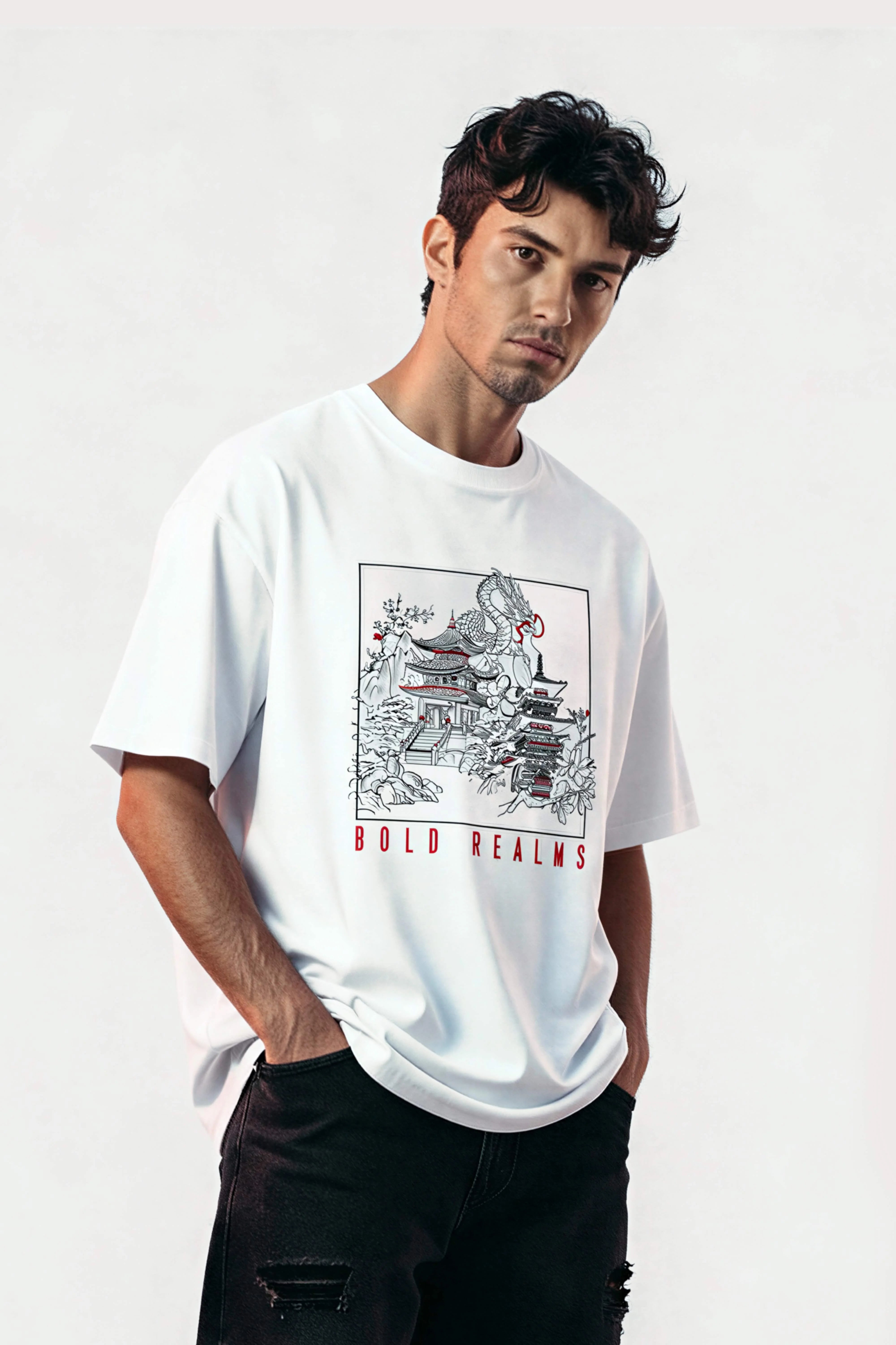 Men oversized white shirt bold realms logo