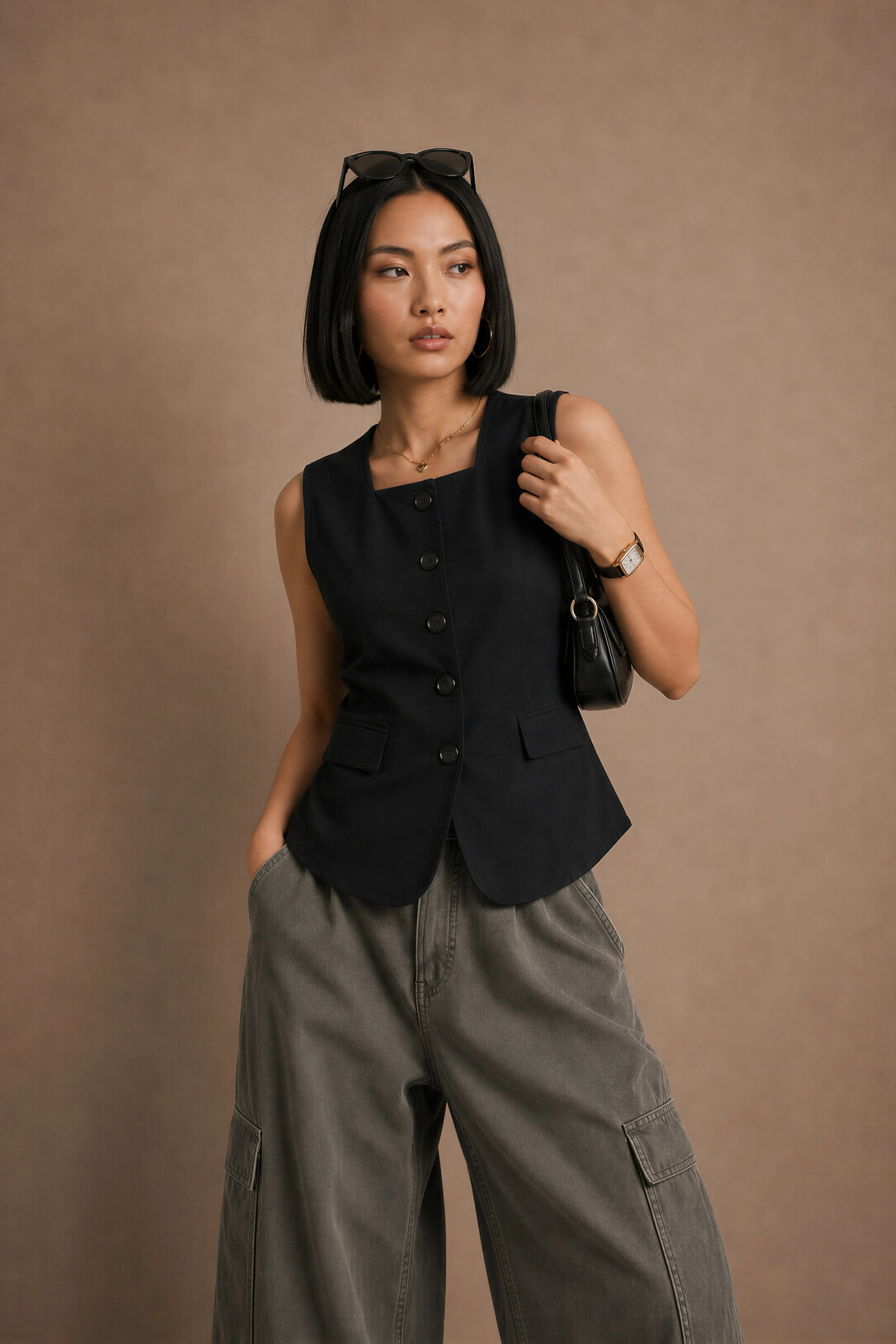 Women's Buttoned Waistcoat With Pocket Flaps