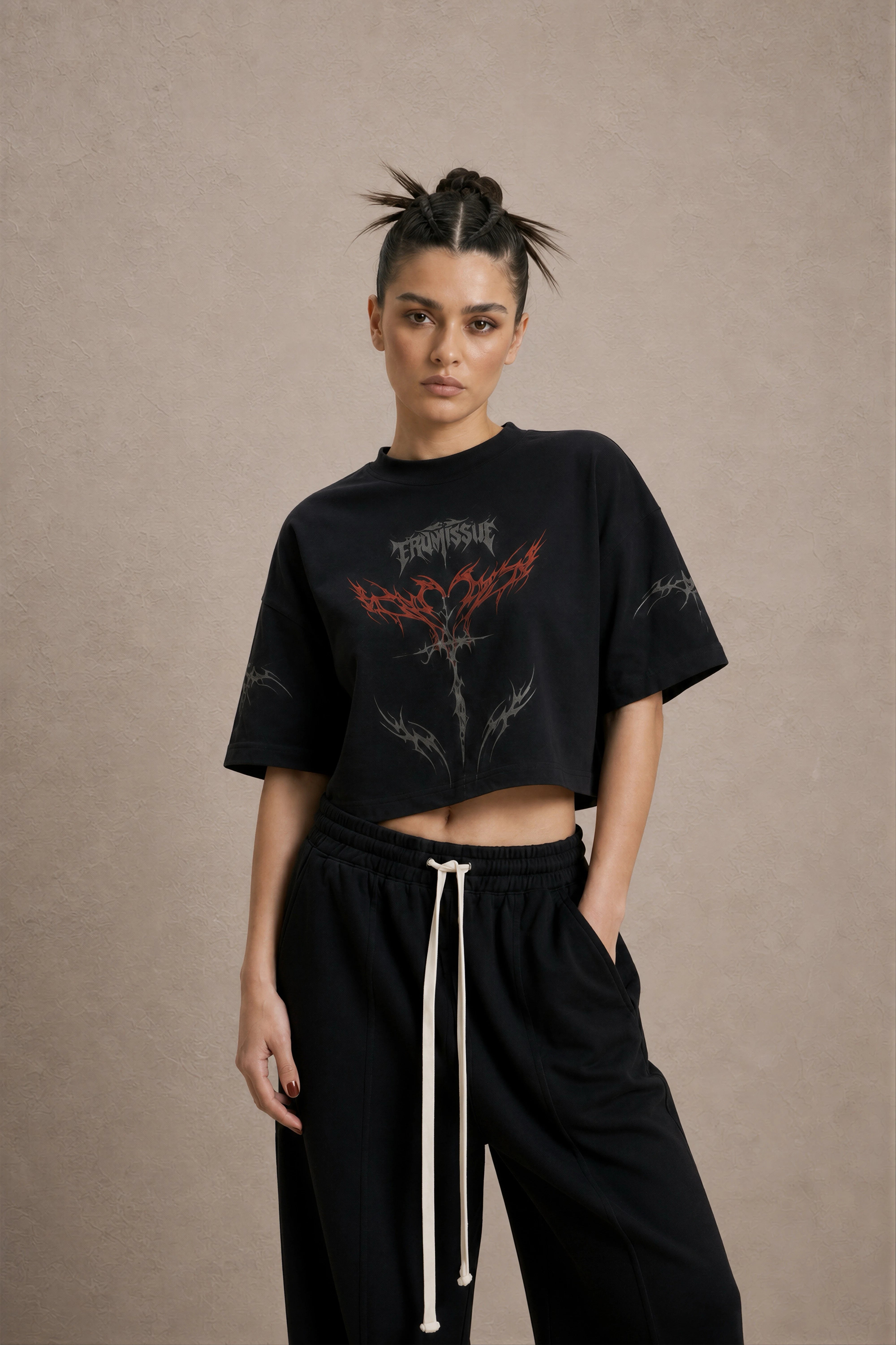 Women's Black Gothic Printed Cotton Crop Top