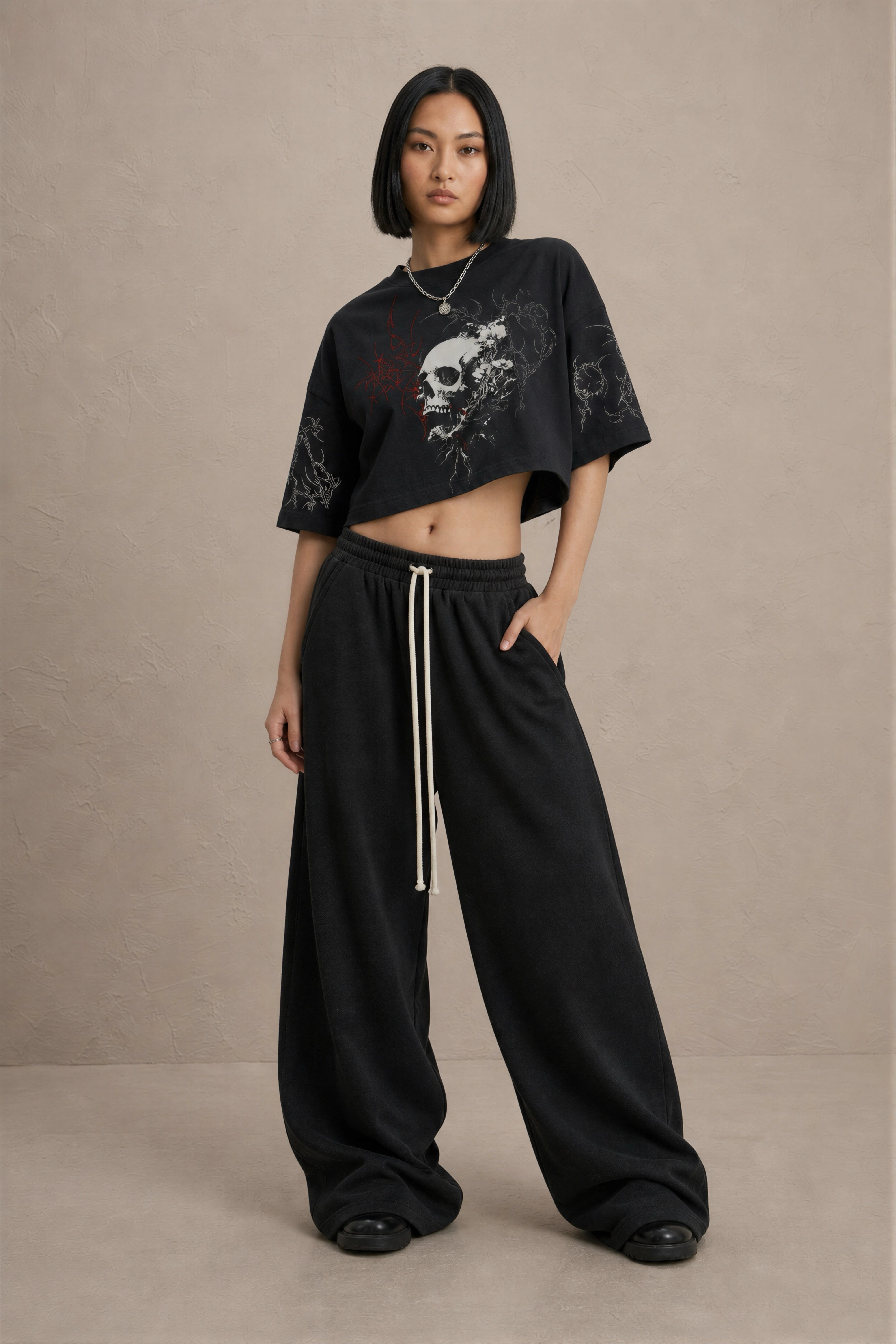Women's Black Gothic Skull Cotton Crop Top