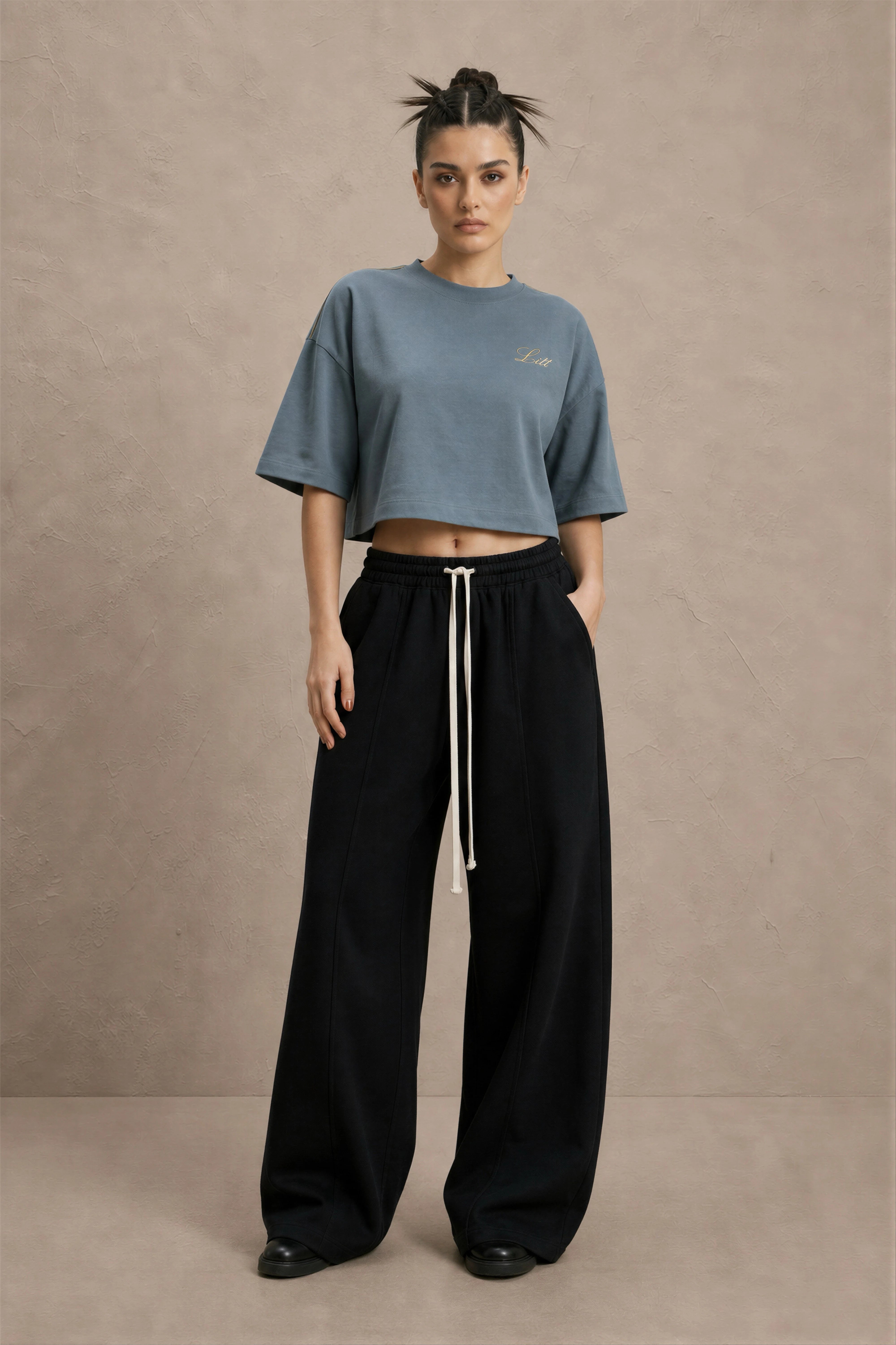 Women's Slate Blue drop shoulder Litt cotton Crop Top
