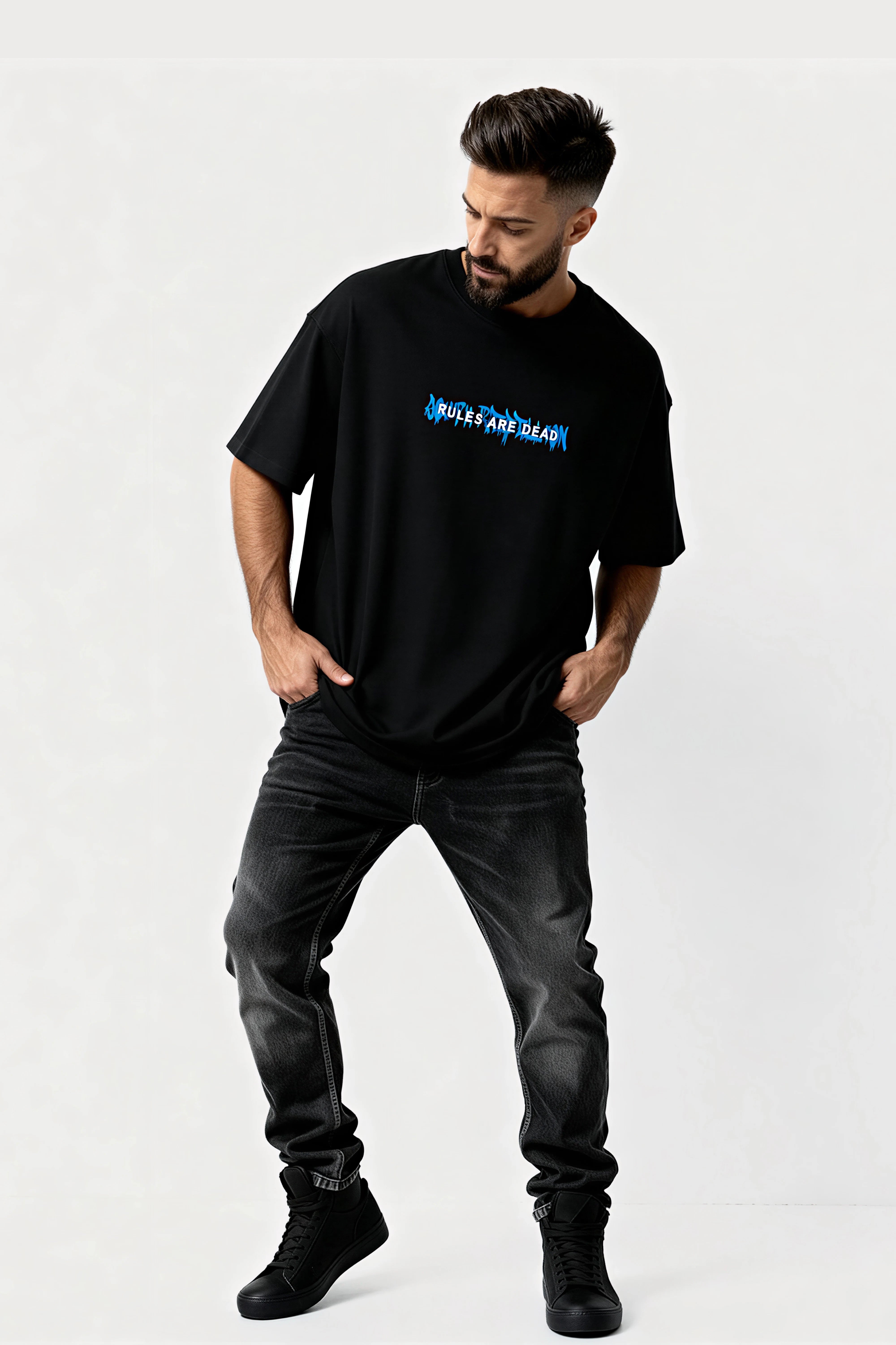 men-RelaxedFit-black-tshirt-Youth-rebellion-model