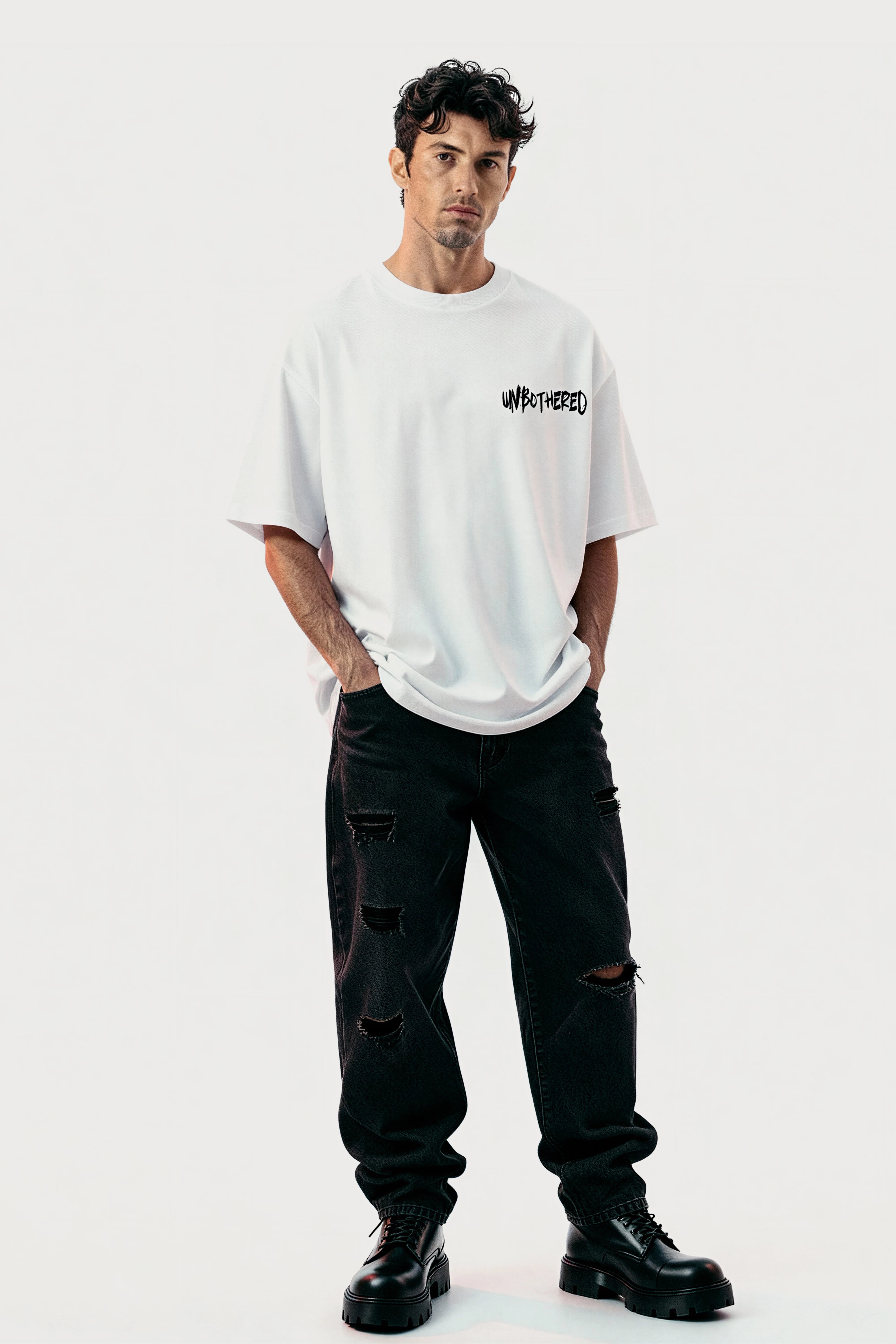 men-RelaxedFit-white-tshirt-Unbothered-model