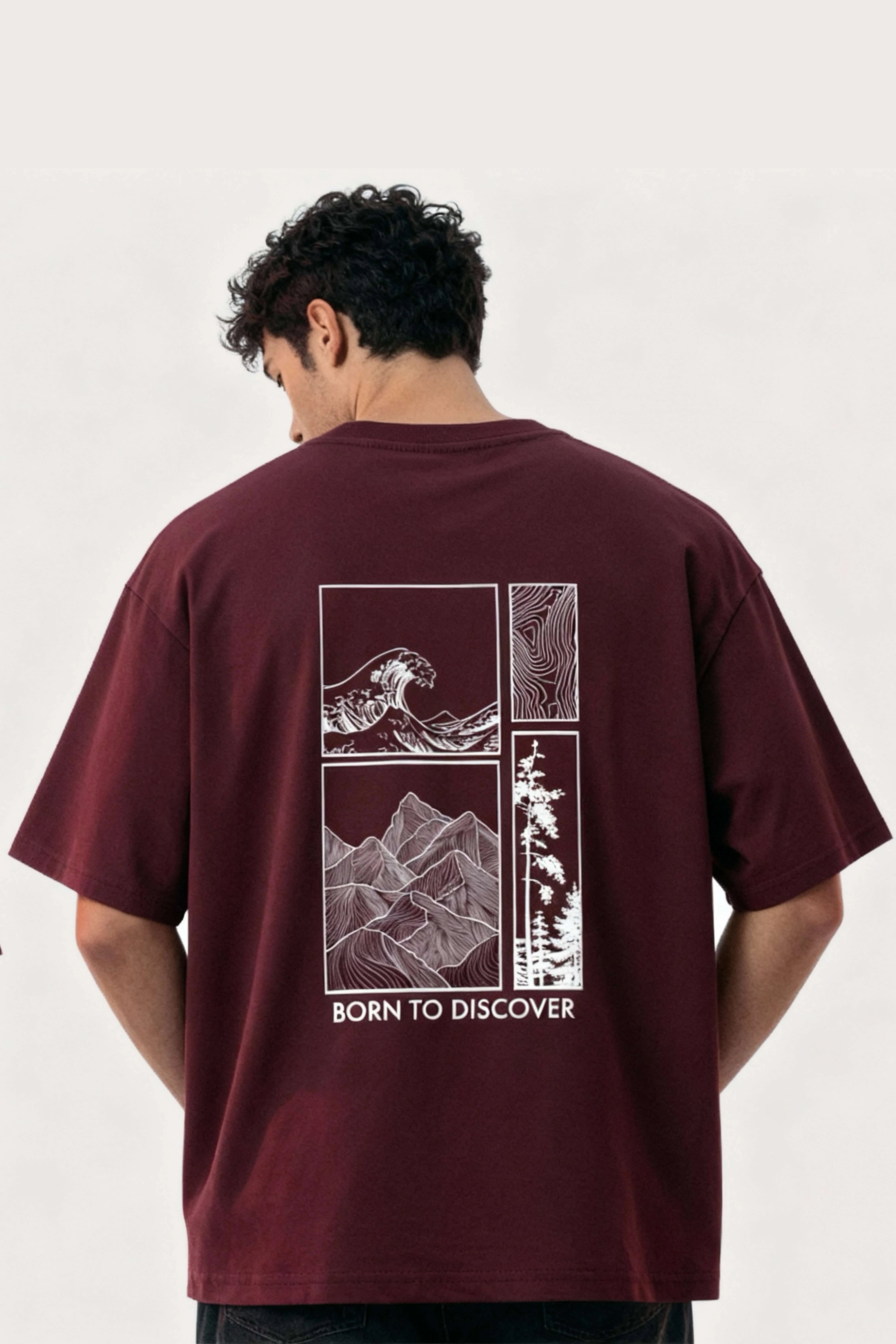 born to discover men wine colour oversized t-shirt