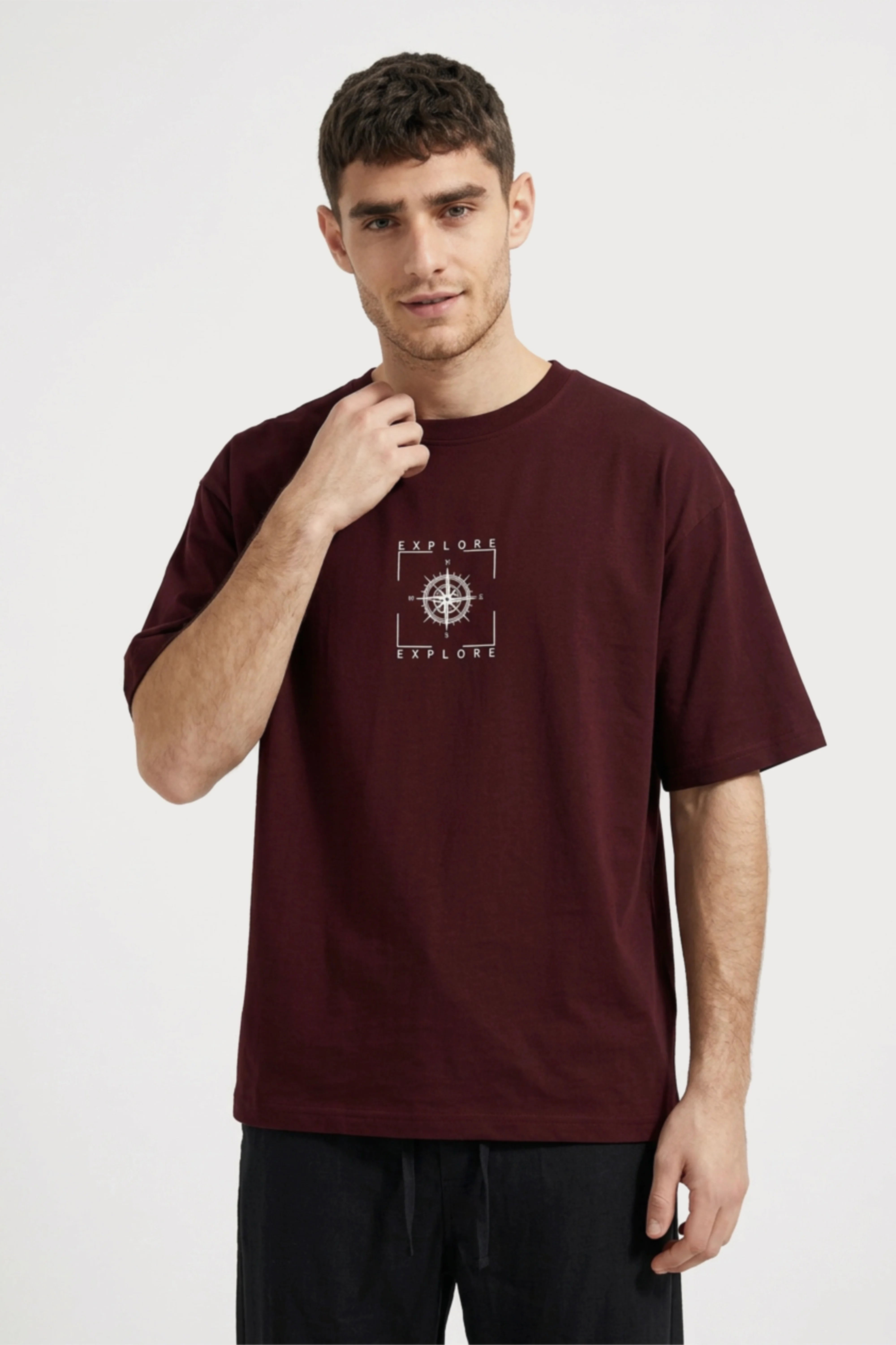 men-oversized-wine-tshirt-Explore-logo