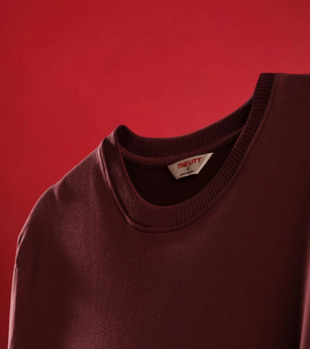 men oversized wine colour rib neck t-shirt