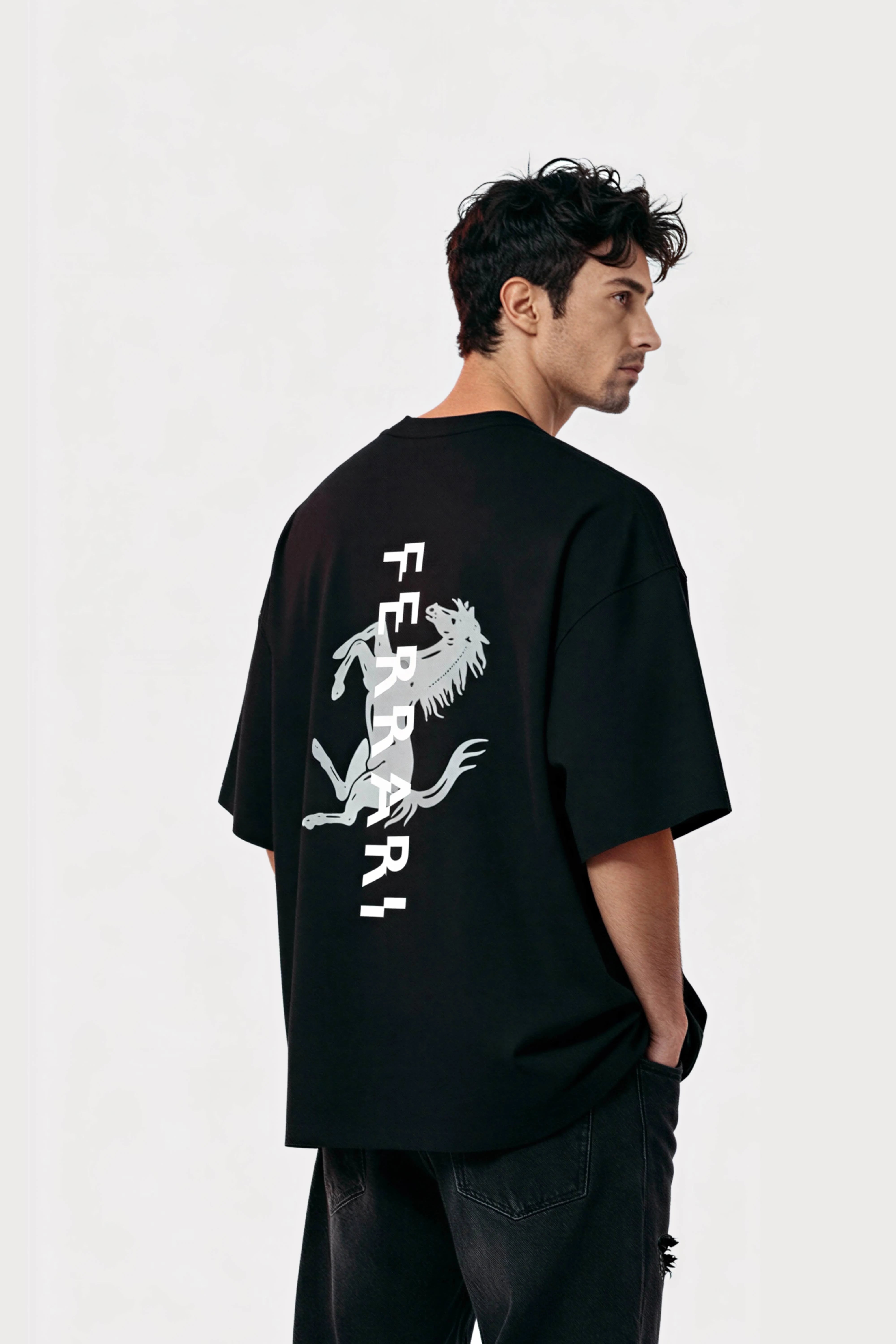 Men-oversized-black-tshirt-Ferrari-lifestyle