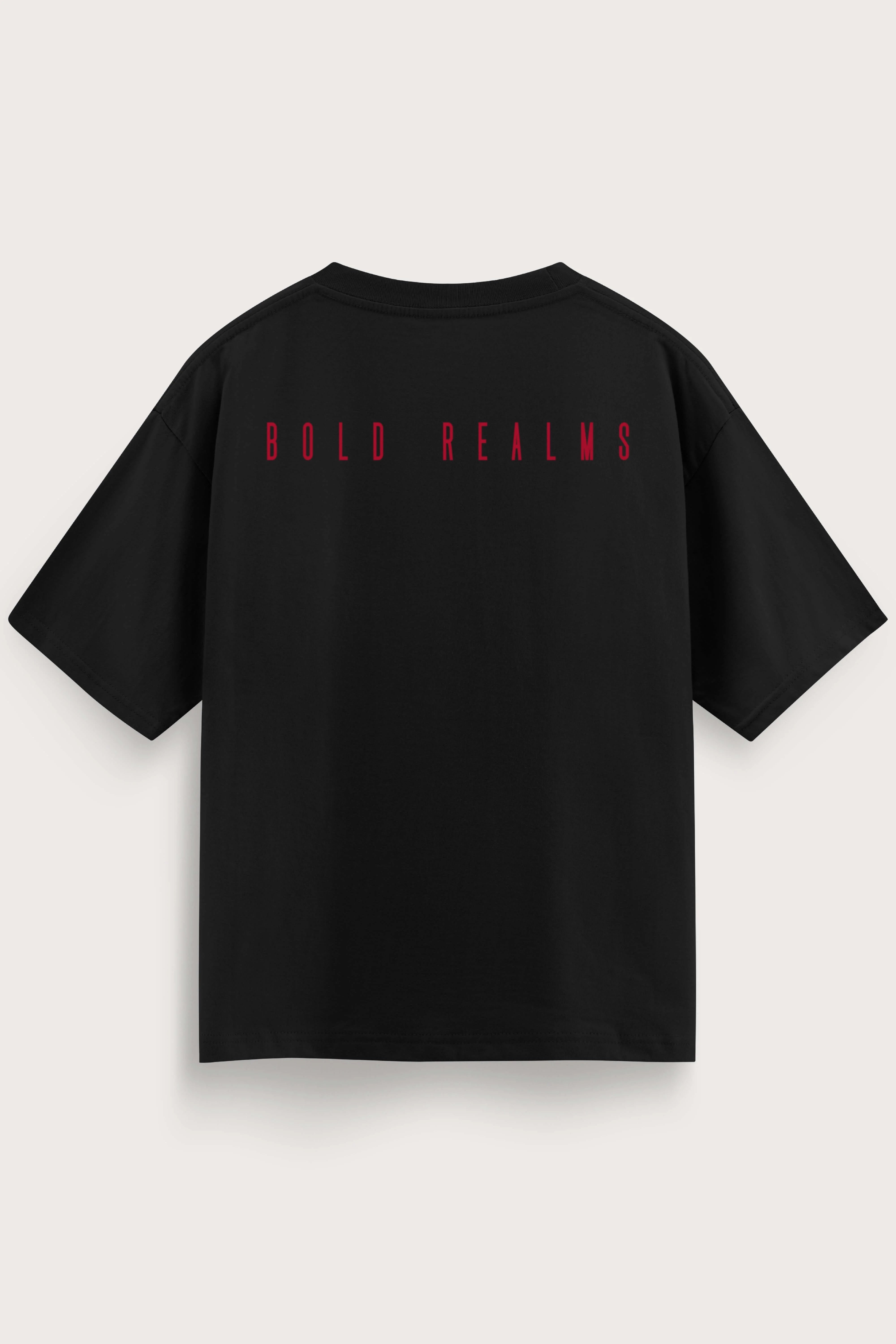 Men oversized black tshirt bold realms back