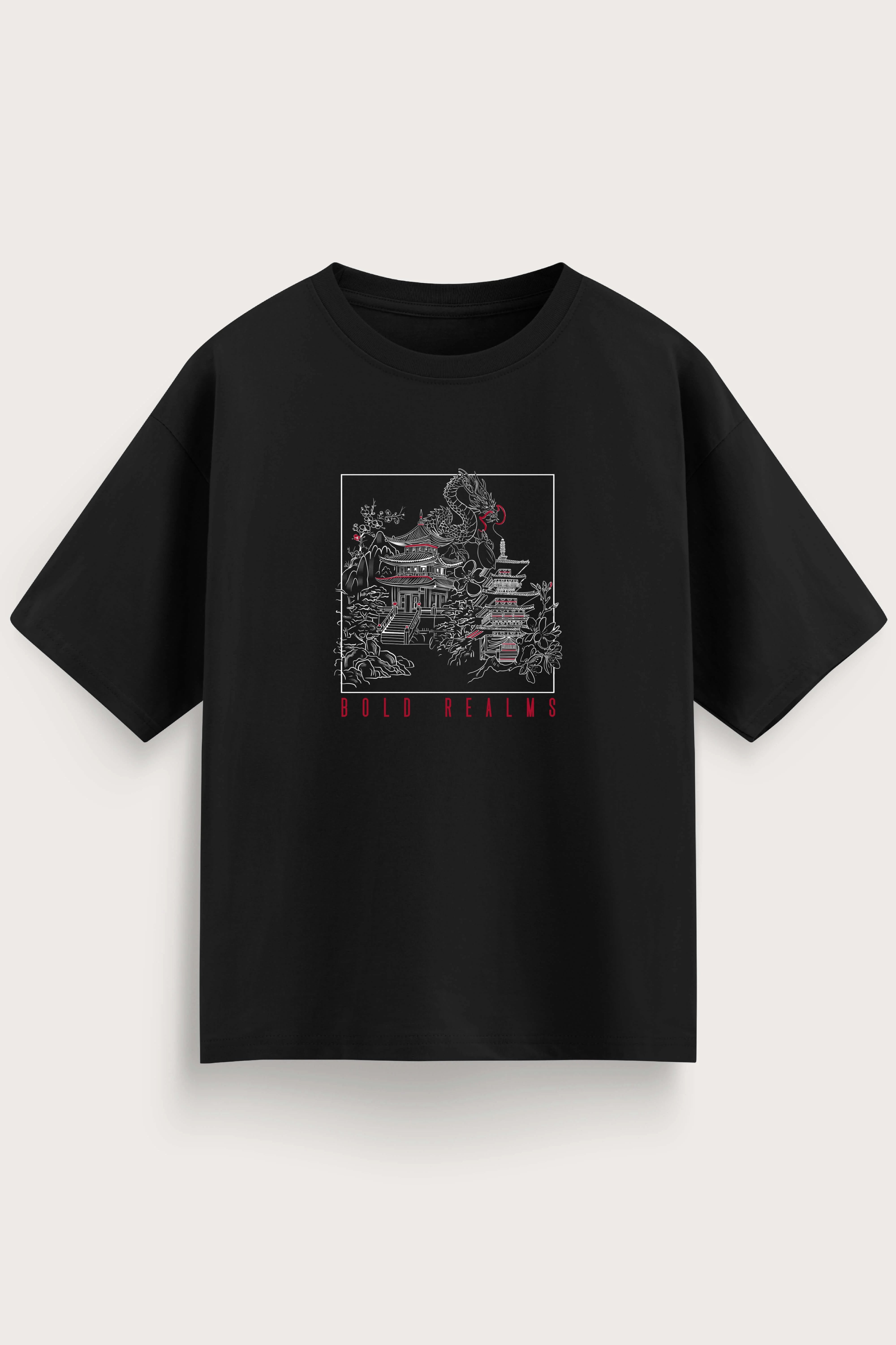 Men oversized black tshirt bold realms front