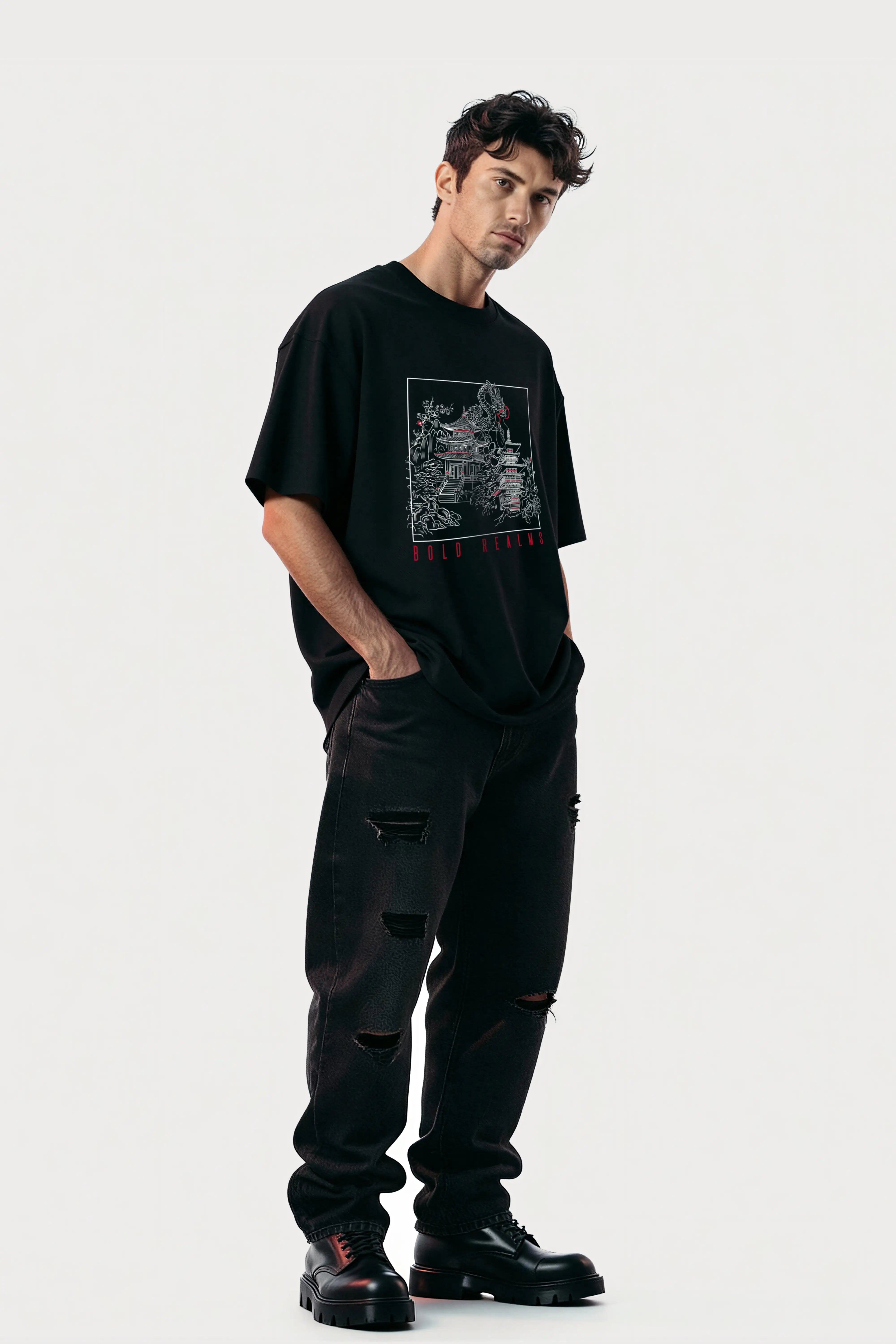 Men-oversized-black-tshirt-bold-realms-model