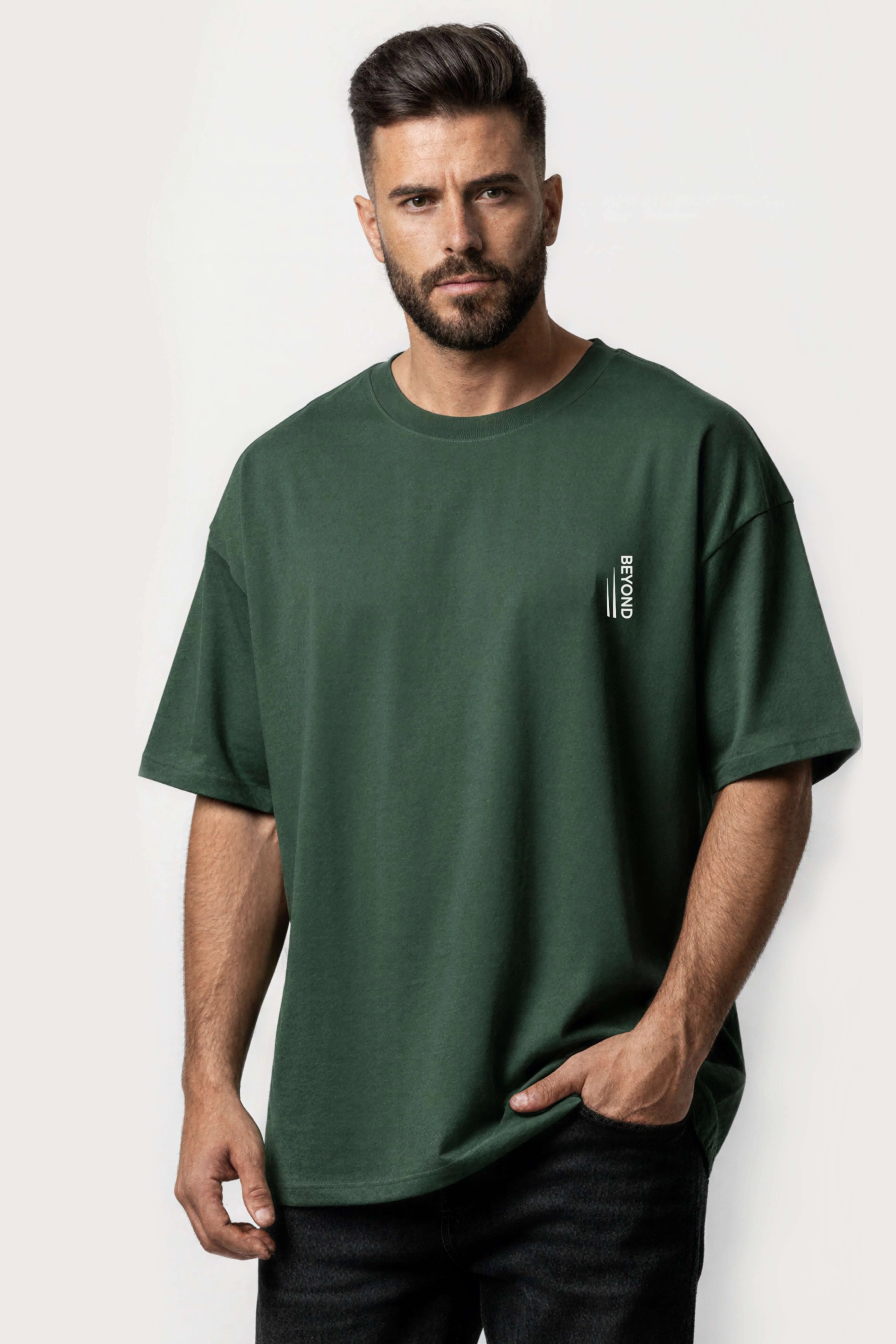 Men-oversized-green-tshirt-beyond-logo