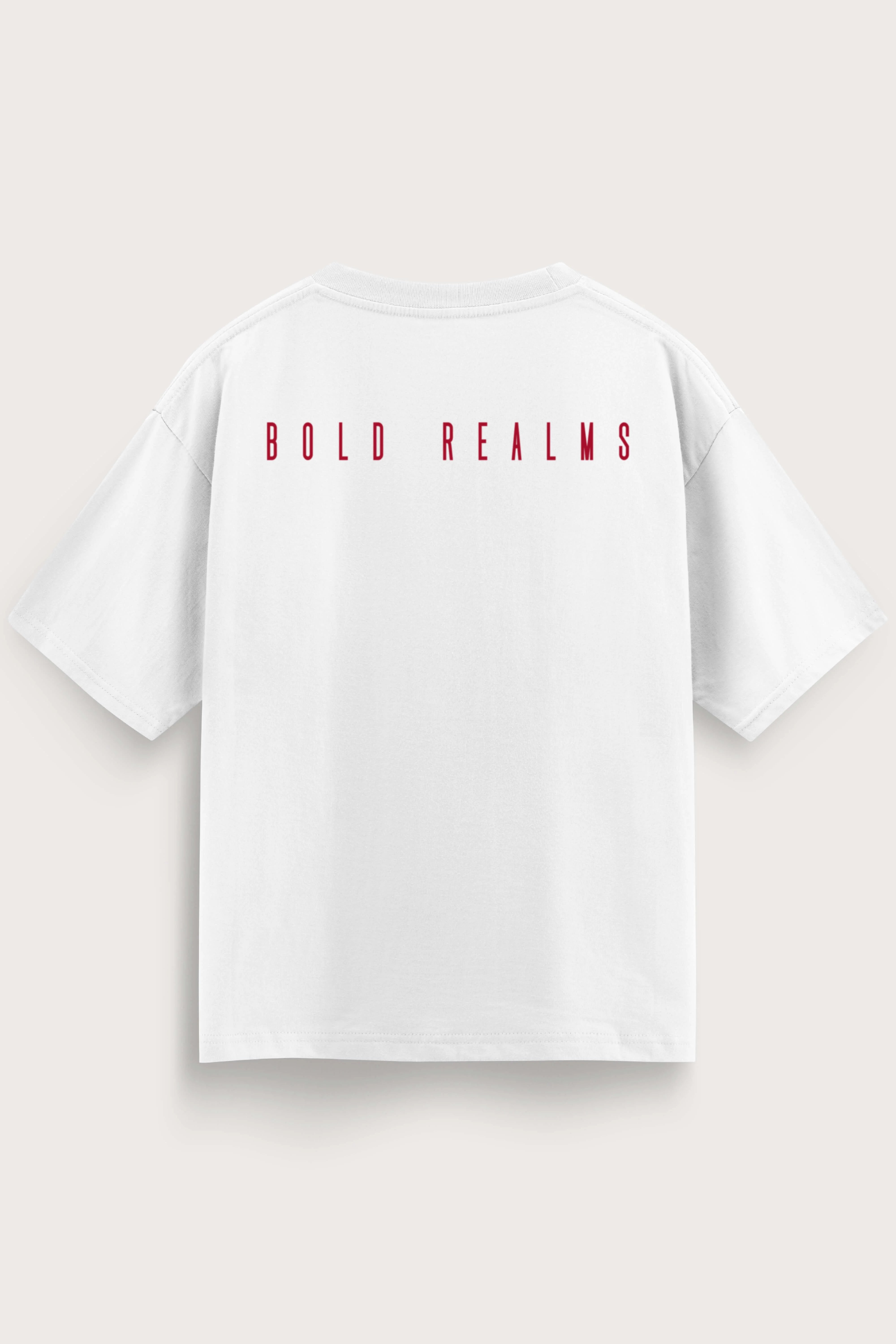 Men oversized white shirt bold realms back