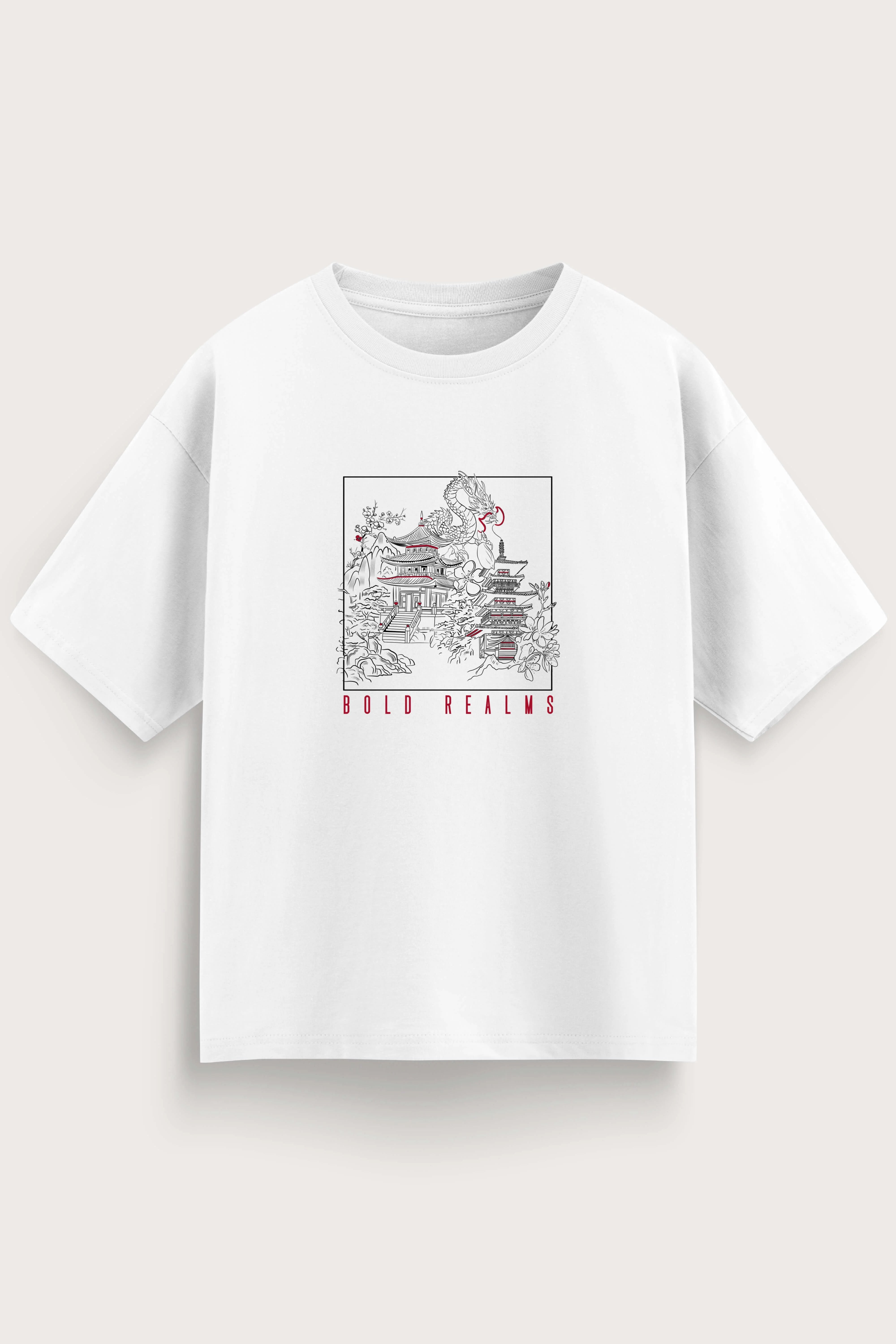 Men oversized white shirt bold realms front