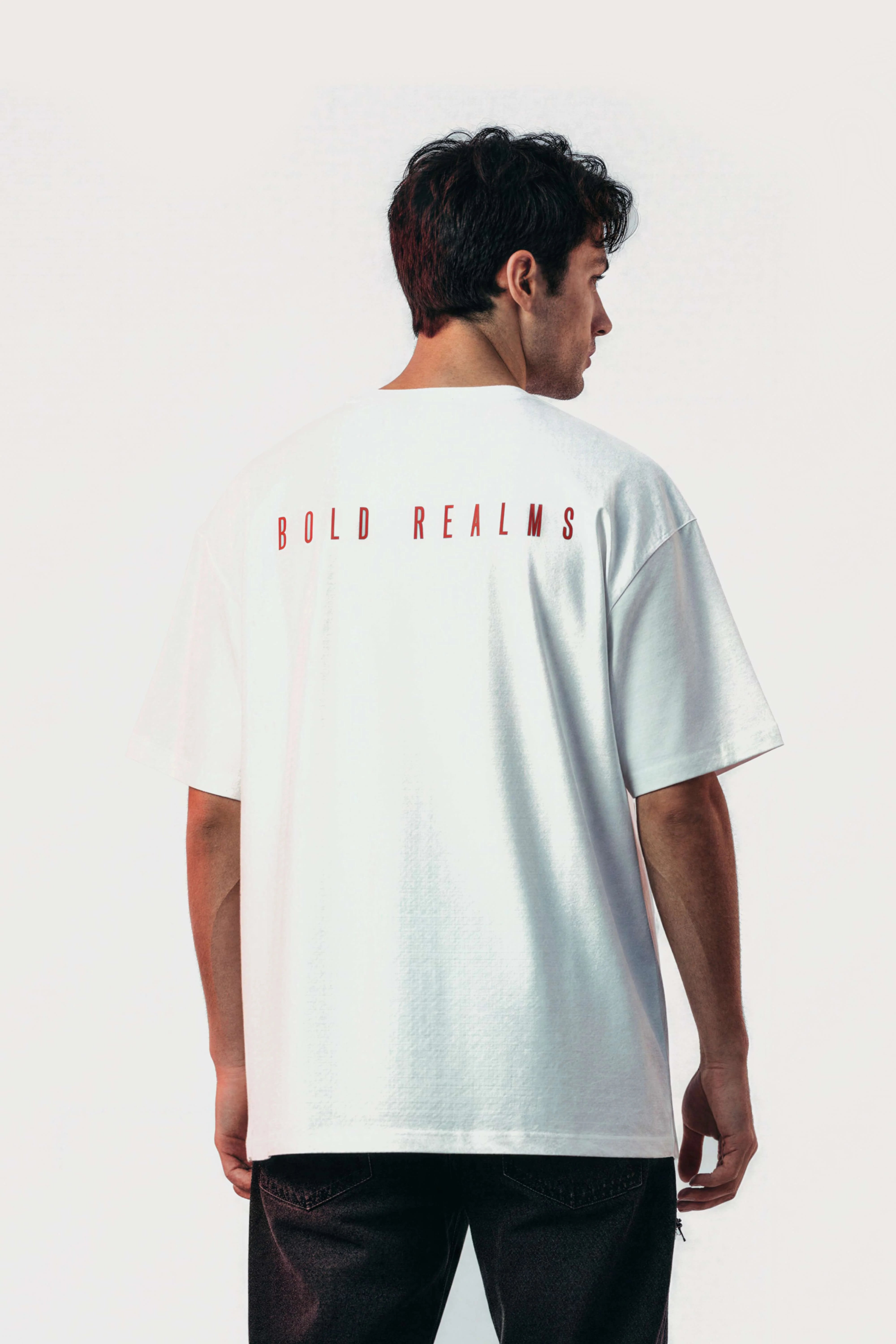 Men oversized white shirt bold realms lifestyle