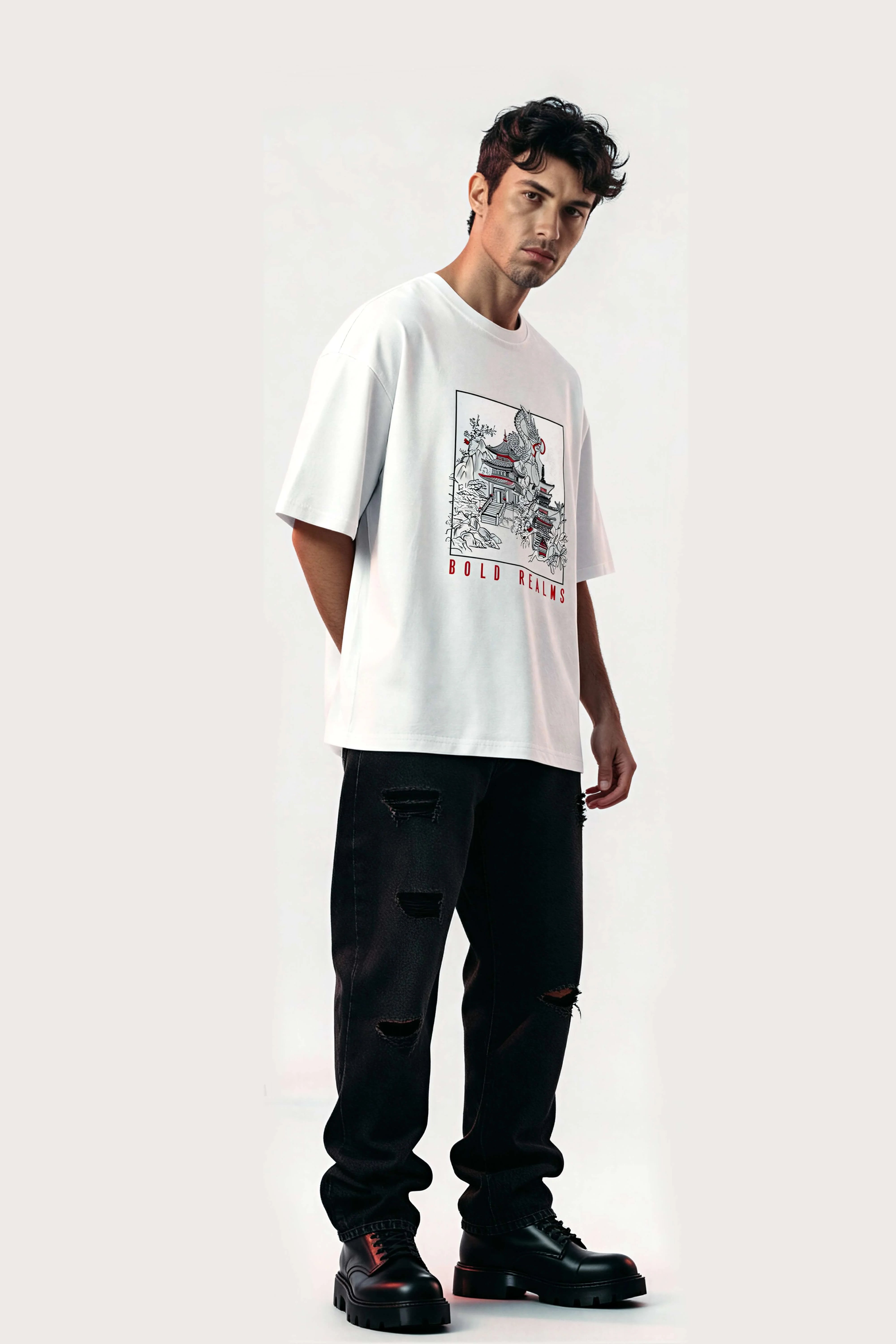 Men oversized white shirt bold realms model