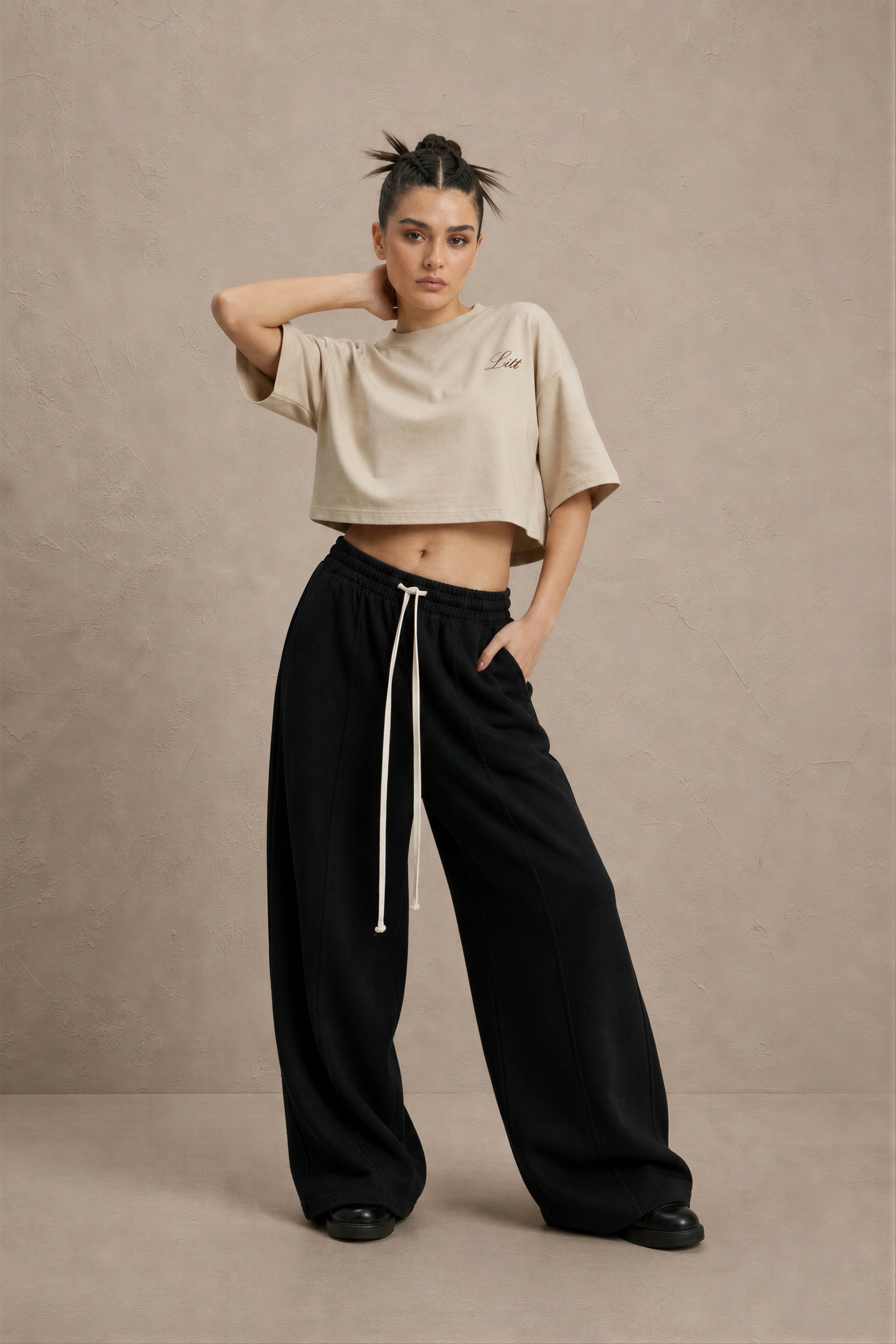 Women's Beige drop shoulder Litt cotton Crop Top
