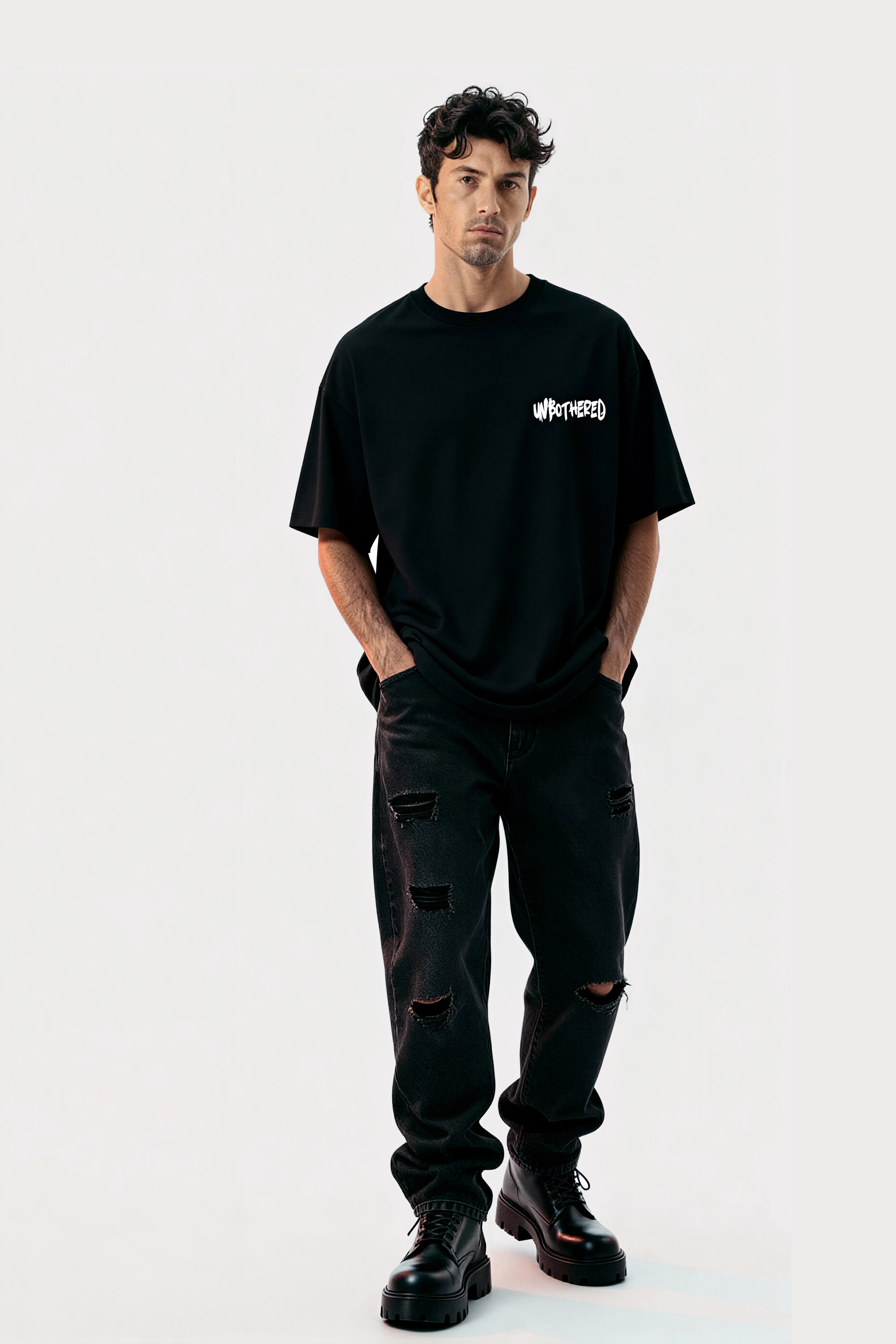 men-RelaxedFit-black-tshirt-Unbothered-model