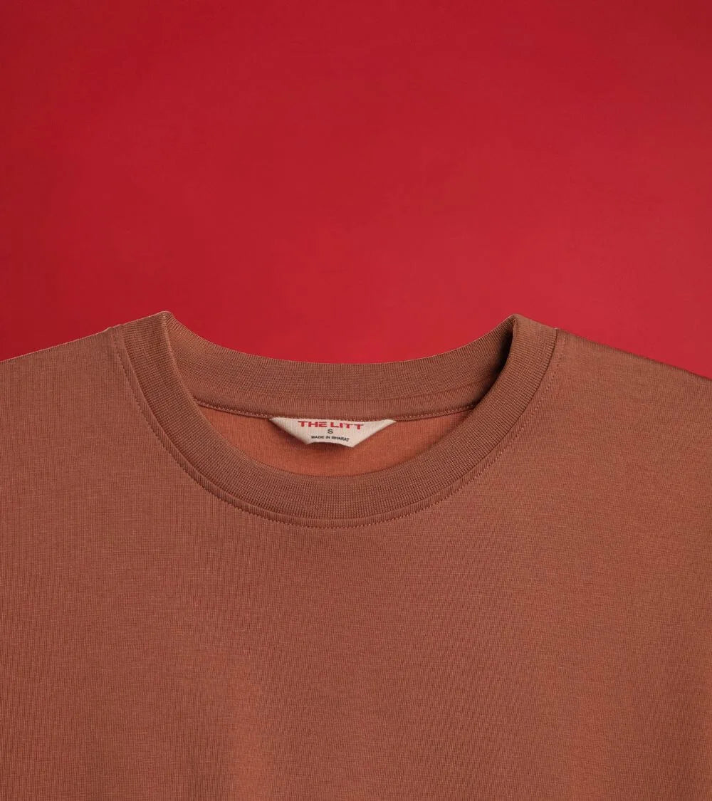 brown t-shirt neck close view